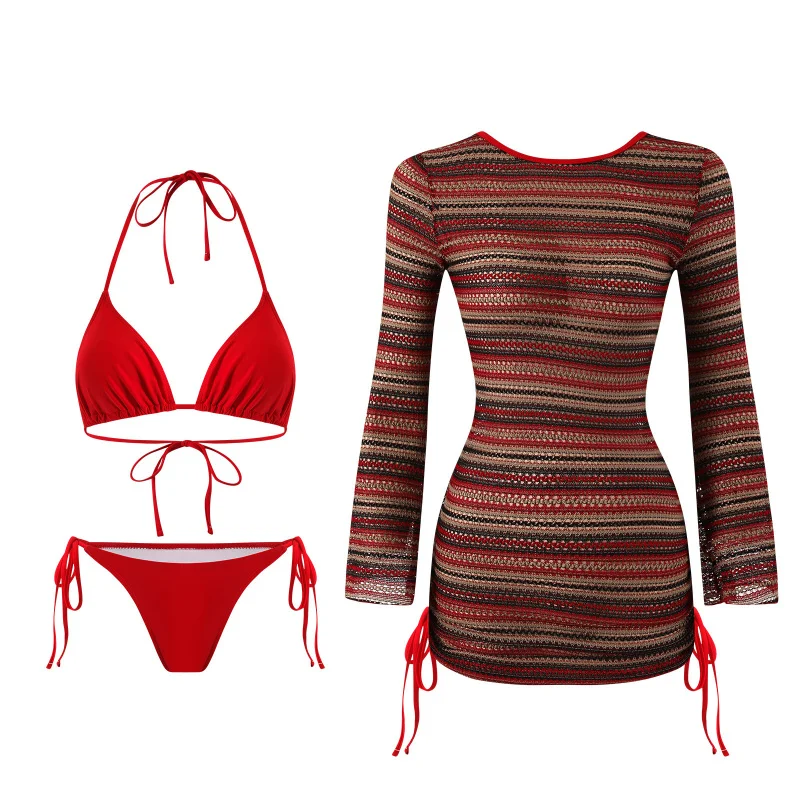 2026New long-sleeved striped sun-protective cover-up swimsuit slimming bikini swimsuit set