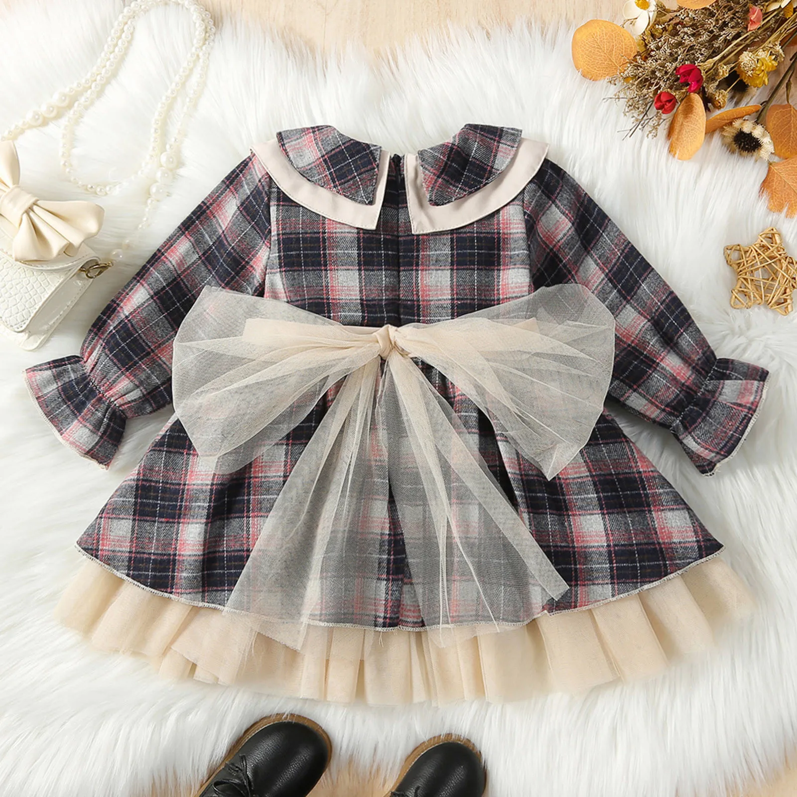 0-5Y Christmas Princess Kids Girls Autumn Dress 3 Colors Peter Pan Collar Long Sleeve Plaid Print Lace Tulle Tutu Bowknot Dress