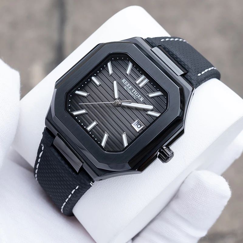 Męski zegarek automatyczny Reef Tiger, 44 mm, kwadratowy, mechaniczny, wodoszczelny do 5 ATM, luminescencyjny, szafirowe szkło, datownik.