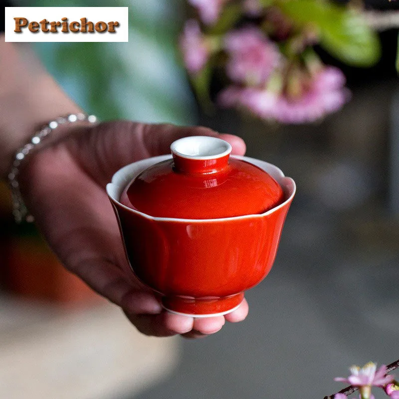 

120ml Hand Drawn Coral Red Gaiwan Antique Tea Tureen Tea Bowl With Lid Kit Tea Brewing Cover Bowl Kung Fu Tea Set Ornaments Gift