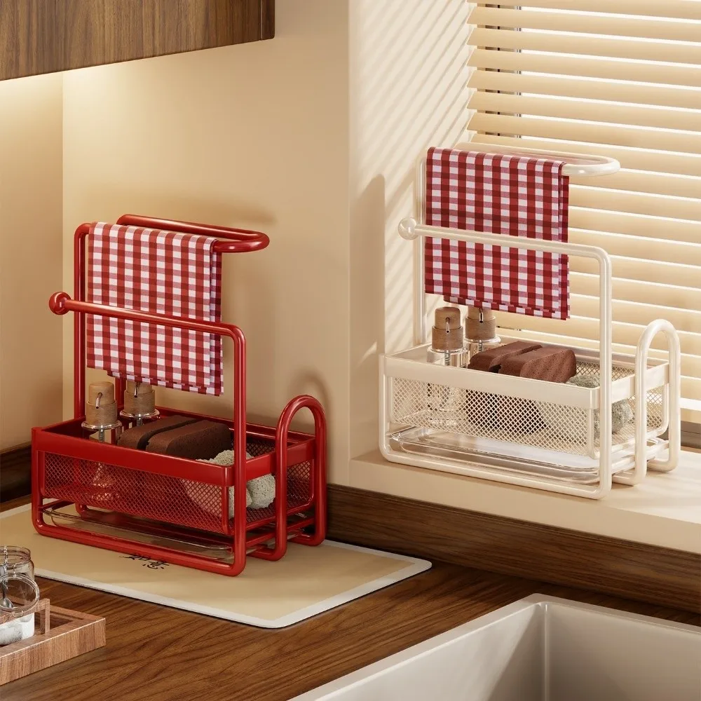 

Space-Saving Metal Frame Sink Organizer Rack Layered with Water Tray Drying Rack Sturdy Sponge Holder Bathroom