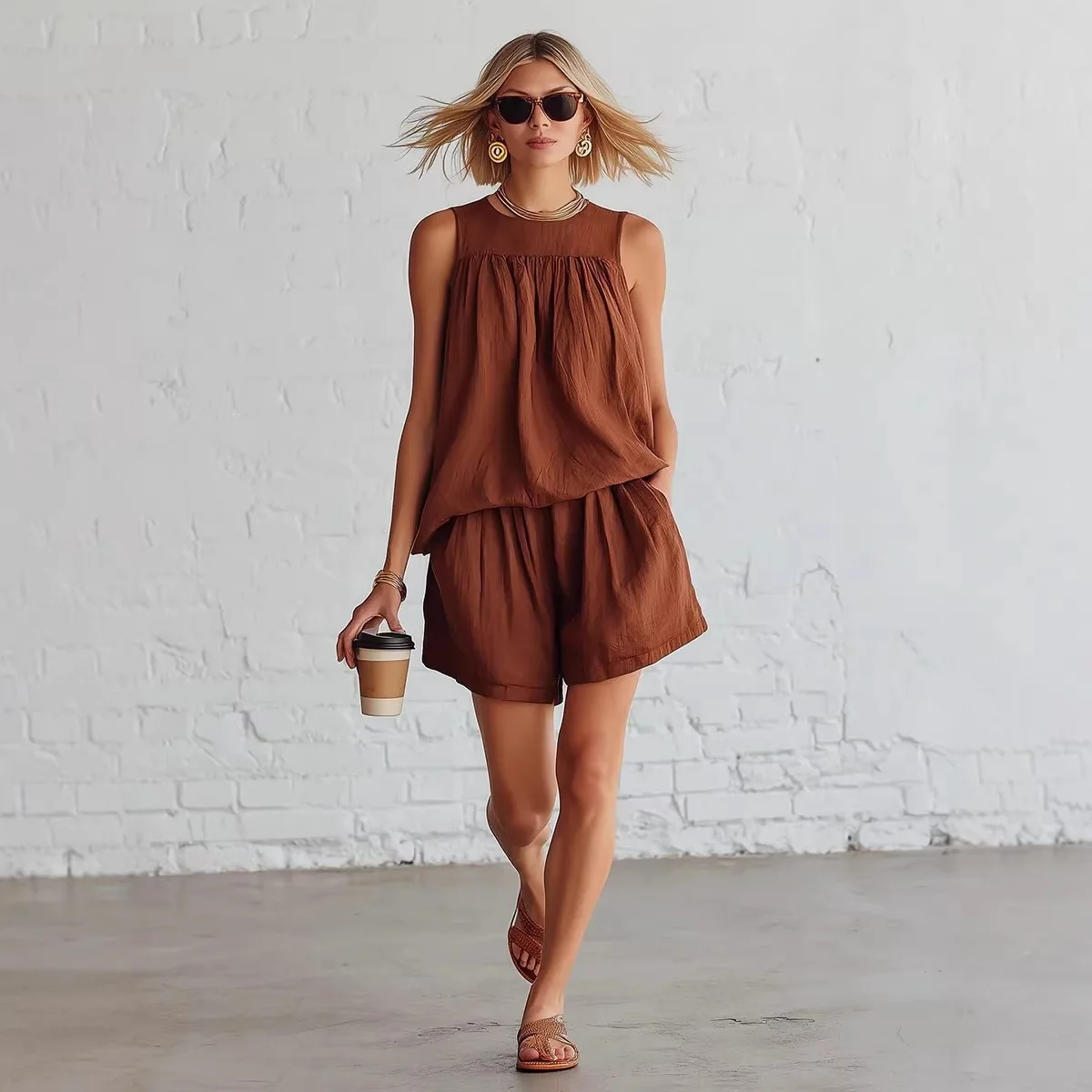 

Women's Vintage Ruched Sleeveless Top Wide Leg Shorts 2 Piece Set Casual Loose Summer Outfit With Pockets For Daily Street Wear