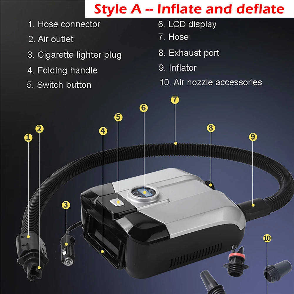 Bomba de aire eléctrica para SUP, inflador de aire rápido con pantalla Digital, 110W, 12V