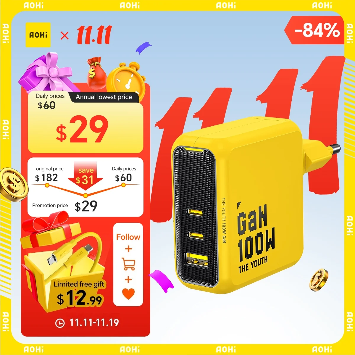 AOHI Youth 100W GaN Charger for Macbook Laptop Tablet Fast Charging For iPhone Xiaomi PD3.1 USB Type C Charger For iPhone 16 15