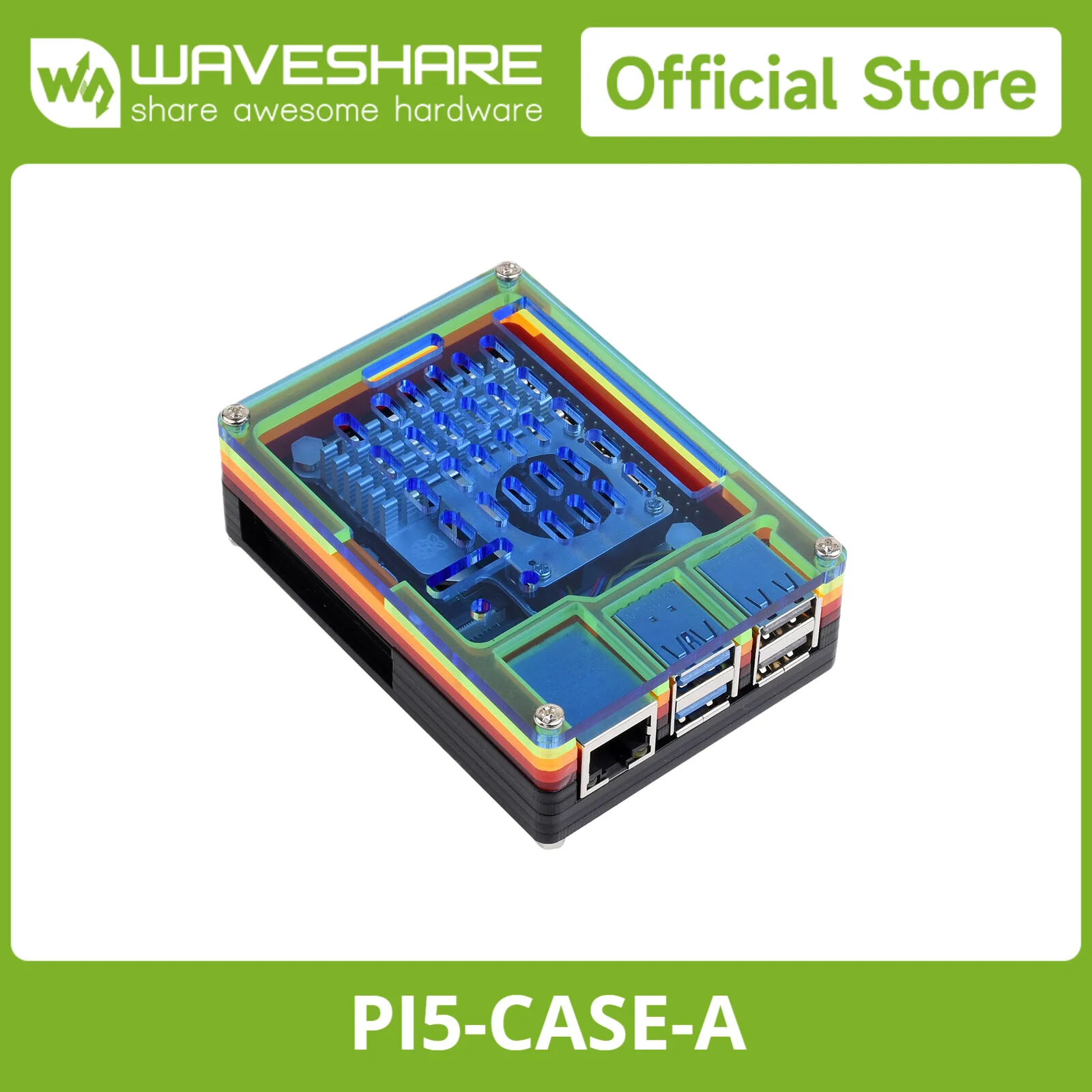 

Waveshare Rainbow Acrylic Case For Raspberry Pi 5, Colorful Translucent Acrylic Case, Supports Installing Official Active Cooler