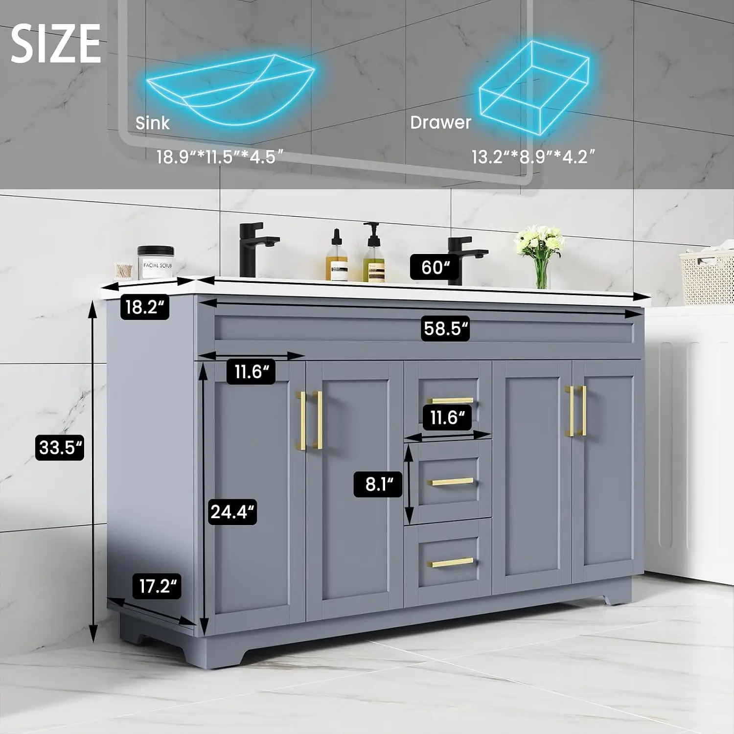 60 Inch Bathroom Vanity w/Double Undermount Sink, Modern Solid Wood Cabinet w/Soft Close Doors & Drawers, Grey, Customized