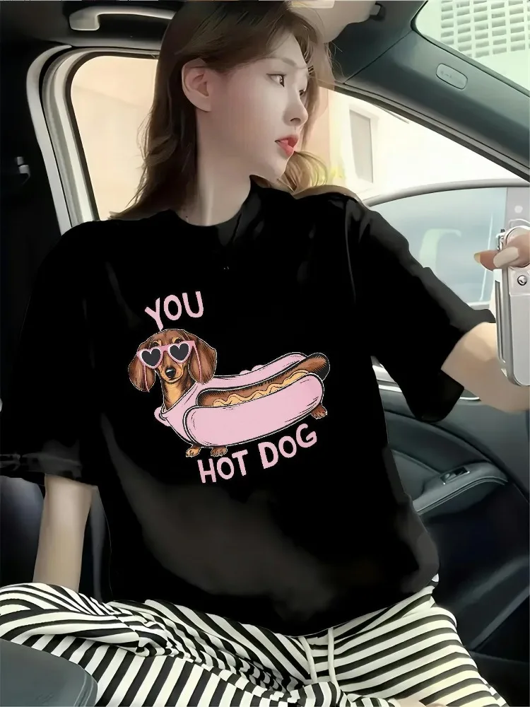 Ladies' Cute Sausage Dog Hot Dog Pattern T-shirt with Heart Shaped Hand and YOU DOG Text Breathable Round Neck Short Sleeve Top