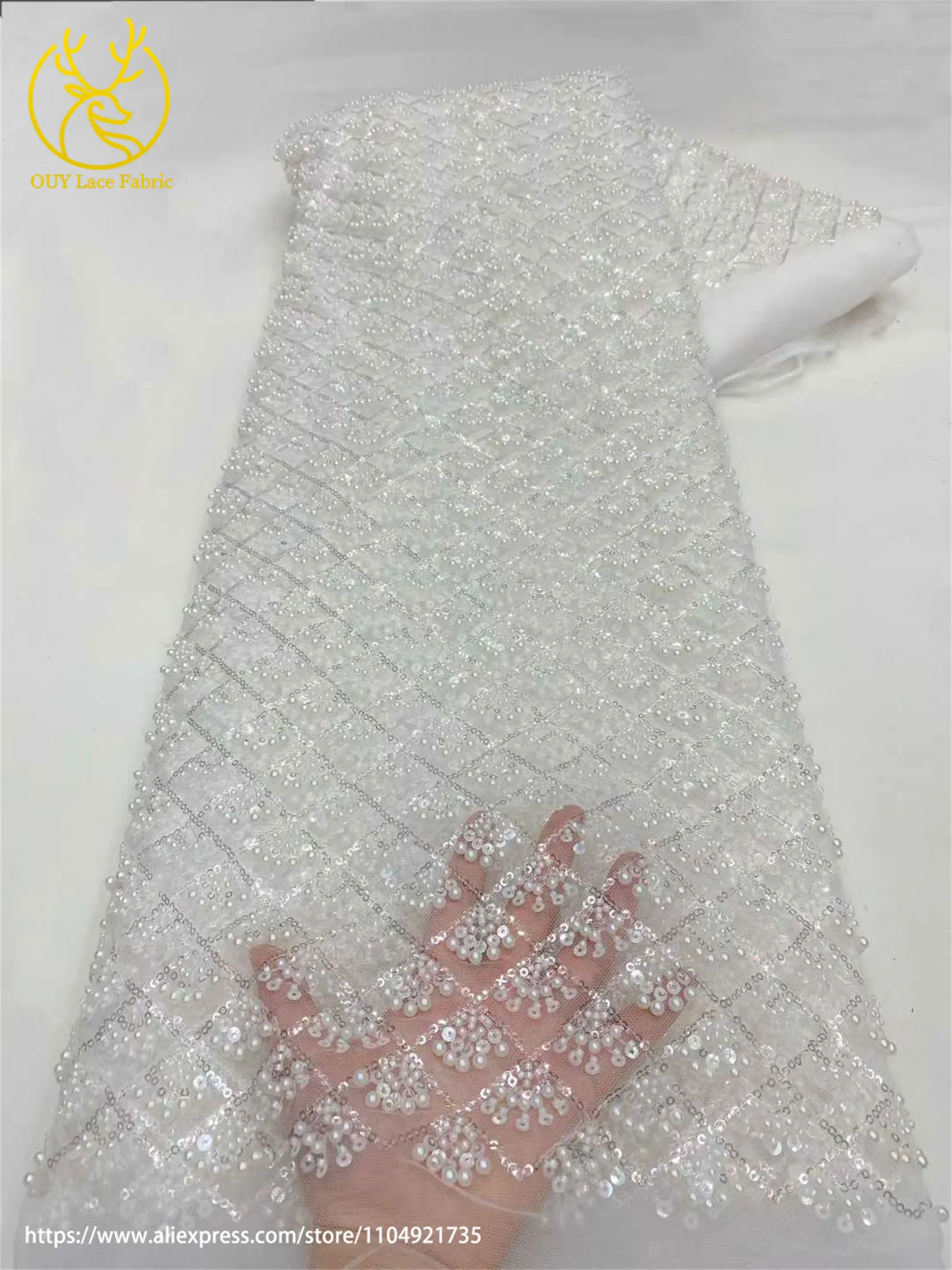 Afrikanischer Perlen-Spitzenstoff 2026 Himmelblau Neueste Nigerianische Französische Pailletten-Tüllspitze Brautkleid Hochzeitskleid Material – Detail 8