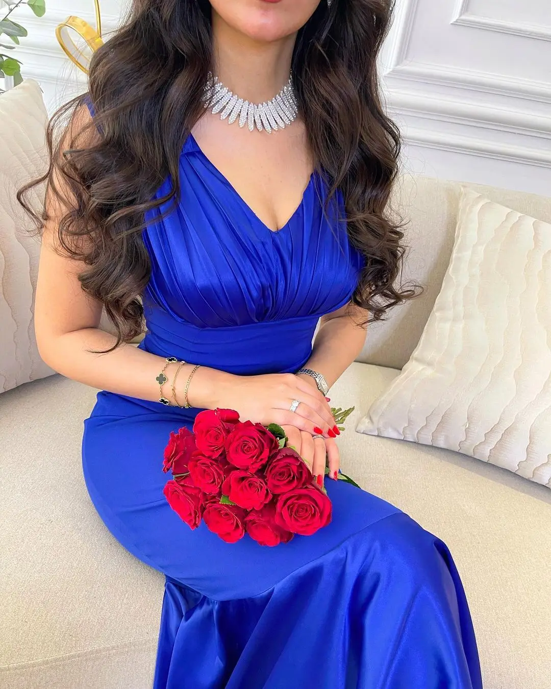 Customized Mermaid Evening Dresses Sleeveless V Neck Prom Dresses Royal Blue Pleated Backless Ankle Length Formal Party Dresses