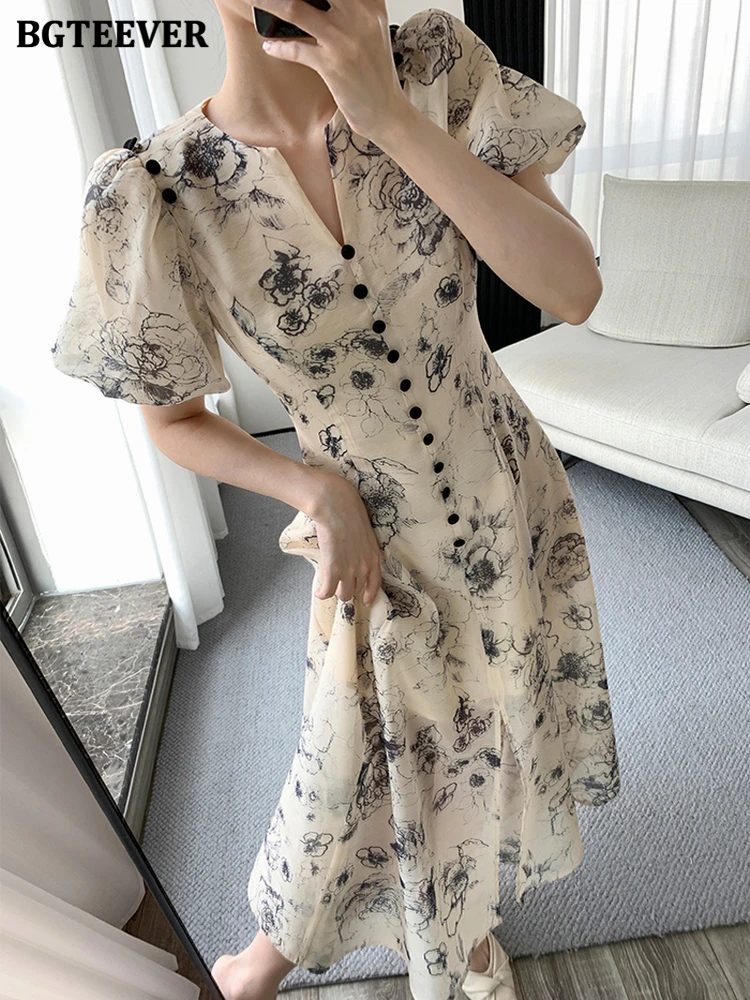 BGTEEVER V-neck Puff Sleeve Printed A-line Dress Women Summer Vintage Single-breasted Slim Waist Female Midi Dress vestidos