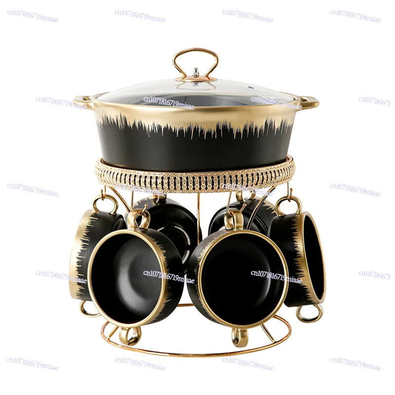 Nordic Gold-plated Ceramic Pot Household Phnom Penh Large Soup Pot 7-piece Set with Lid Soup Pot with Hotel Tableware