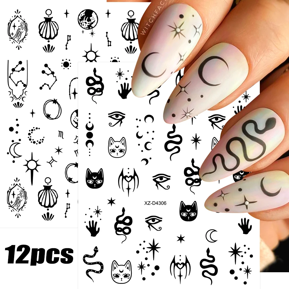 

12pcs/set Cartoon Snake Cat Nail Art Sticker Black Star Moon Zodiac Sun Triangle Eyes Nail Decals 10X8cm 12sheets Manicure Decal