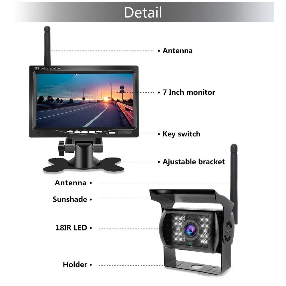 7 Inch Monitor Wireless Rear View Backup Camera Night Vision System for Car RV Truck Bus