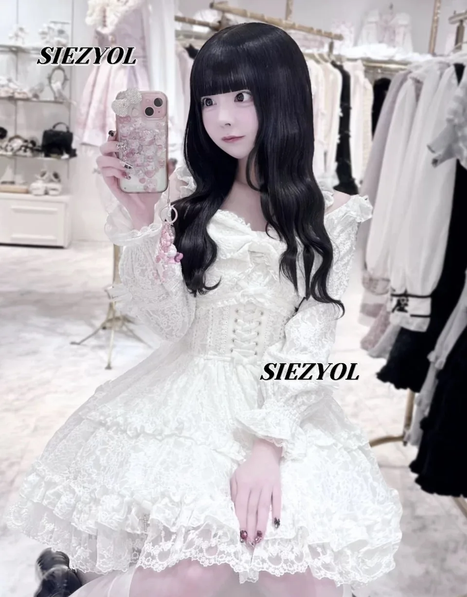2026 New Liz Lolita Off-the-shoulder High-waisted Bow Long-sleeved Dress Japanese Sweet and Cute Birthday Short Dresses