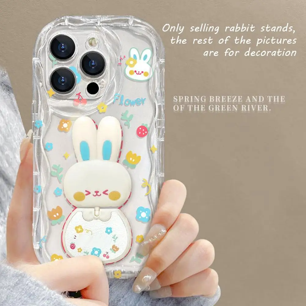 Suitable for iPhone 15/14 Phone Case Rabbit Mirror Stand Full Pack Cream Pattern Pendant