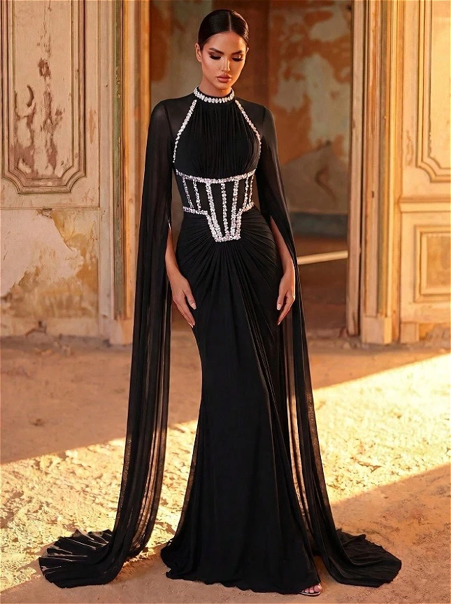 Customized Black Chiffon Mermaid Formal Dress Cape Sleeve High Neck Rhinestone Corset Waist Ruched Long Evening Gown For Banquet