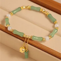 Natural Green Aventurine Bamboo Knot Hetian Jade Women Bracelet Ins Niche Design New Chinese-style Bell Orchid Charm Jewelry