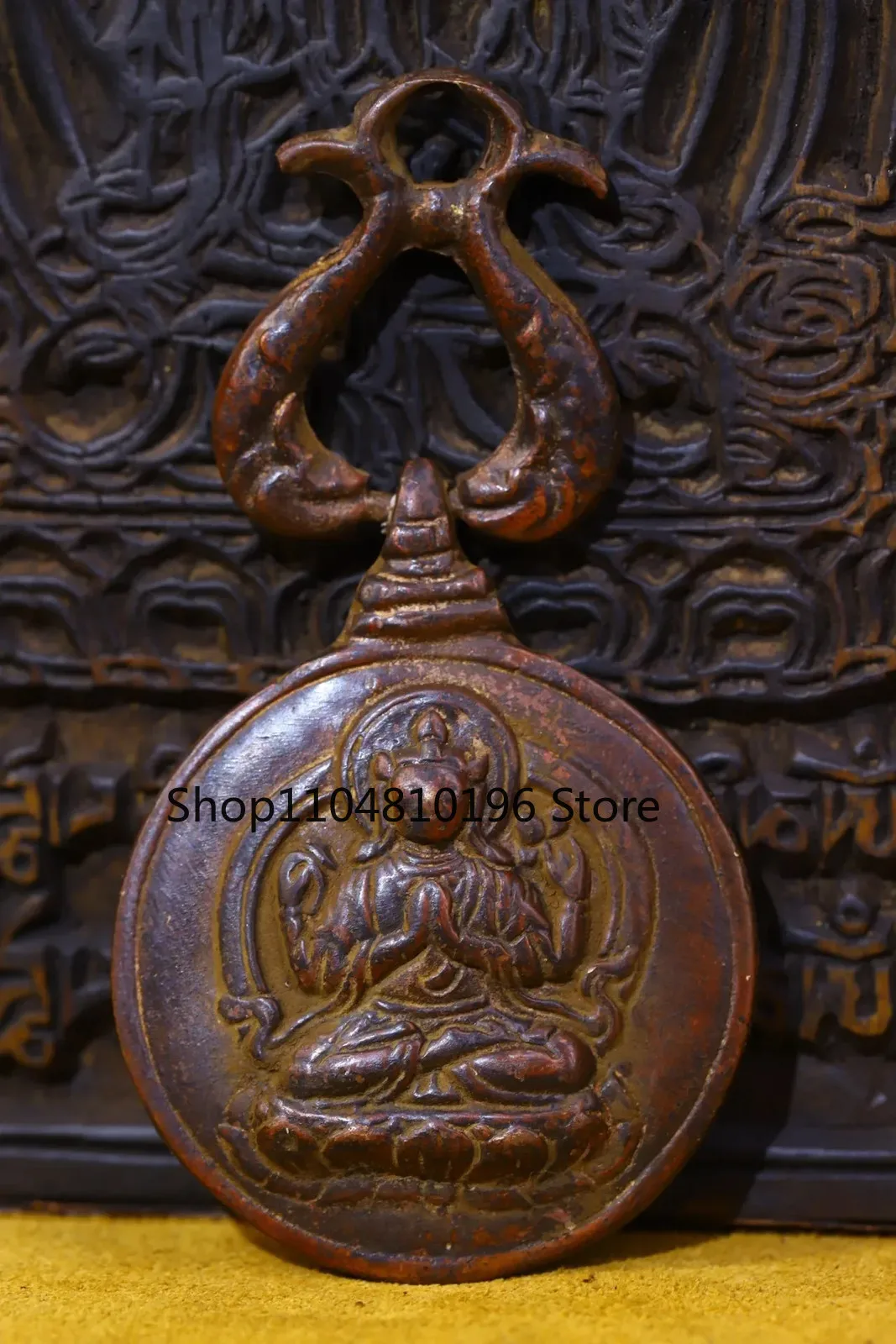 Bronze Cinnabar Four armed Guanyin Bodhisattva Amulet Pendant Nine Palaces