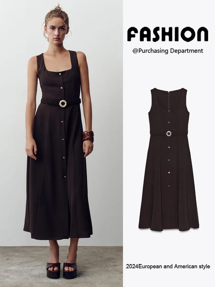 

Summer 2025 New Women's Midi Dr Versatile High Waist Belted Square Ne Strapl Gown Ele All-Match Ele All-Match