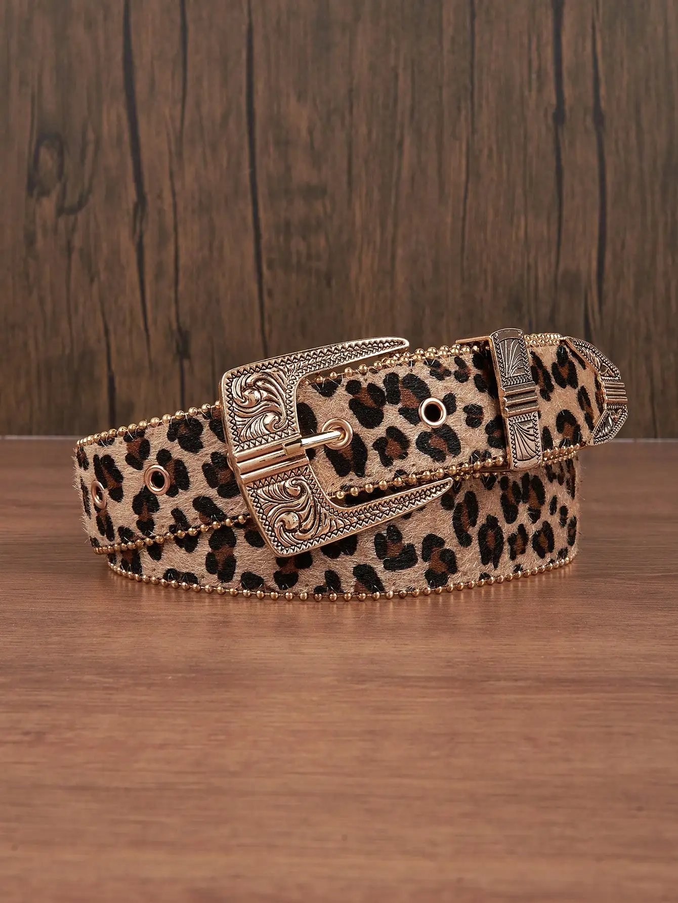 1pc Men Leopard Vintage Engraved Metal Buckle Pearl Edged Jeans Belt, Versatile For Casual Wear Halloween