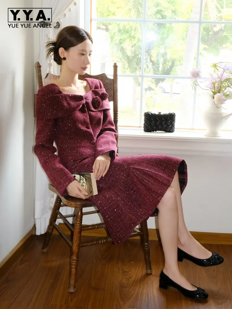 French Style Elegant Womens Square Neck Jacket Skirt Two-Piece Set Ladies Slim Fit Banquet Outfits Date Sets Knee Length Skirts