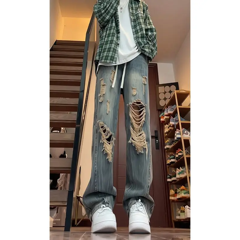 

Foufurieux Japanese Ripped Jeans Men Summer Thin Style American High Street Retro Washed Loose Casual Straight Leg Pants for Men