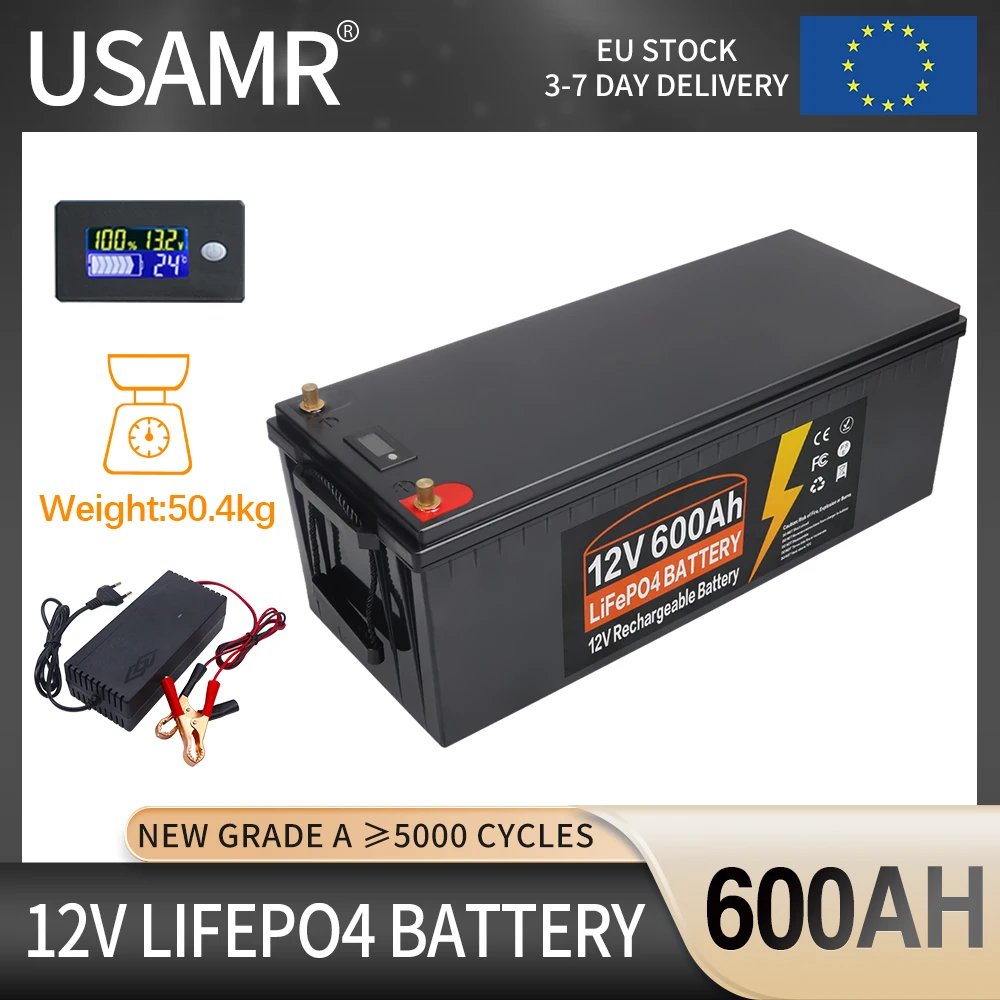 12V LiFePO4 Battery 600Ah 500Ah 300Ah 200Ah 100Ah Built-in BMS Lithium Iron Phosphate Cell For Golf Cart Solar Storage + Charger