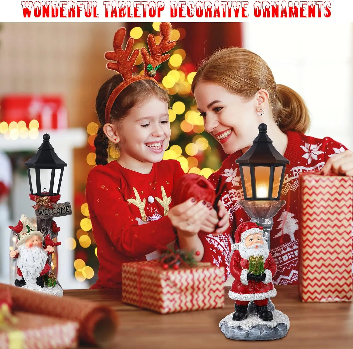 4 Pcs LED Lighted Christmas Village Centerpieces with Santa Snowman, Battery Operated for Home Table Decor