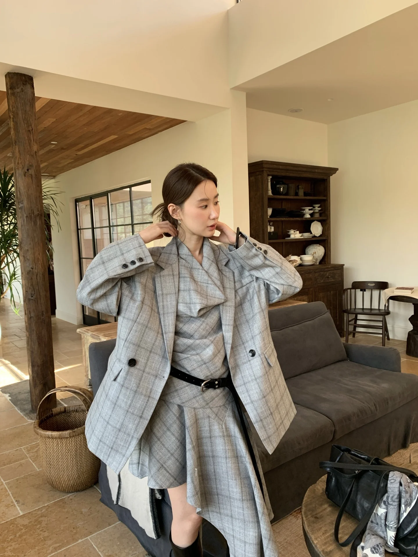 

Ретро-пиджак в клетку с широкими плечами для женщин, осенняя новинка, универсальный, стройнящий, с длинными рукавами, в западном стиле