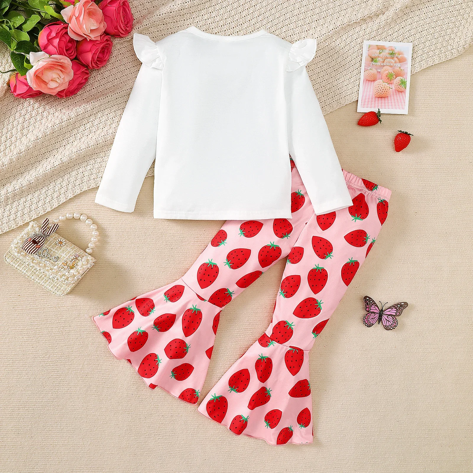 Kid Girl Strawberry Printing Long Sleeved Set T-shirt+Flare Pants+Headband 3PCS Spring&Autumn Fashion Suit for Children 2-7Years