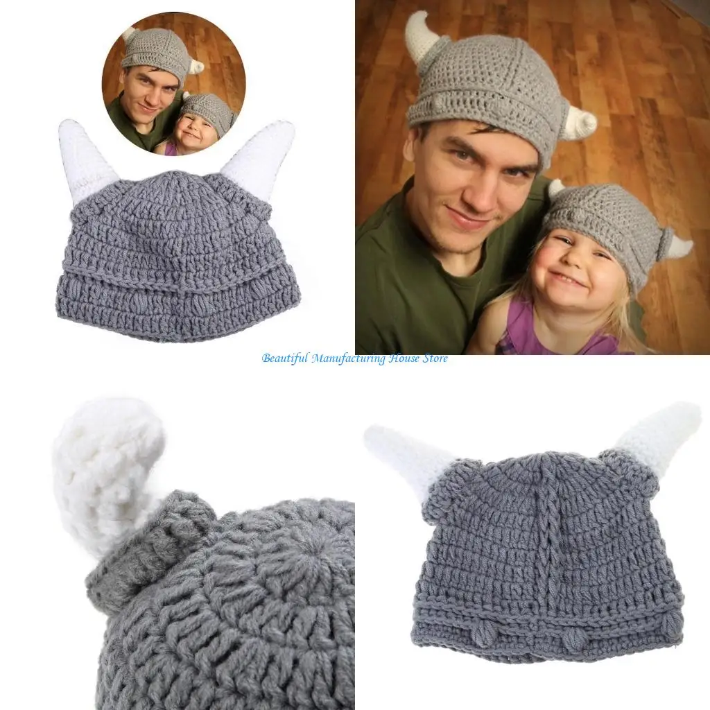 

E56A Casual Knitted Cap Winter Holiday Party Barbarian Cosplay Horns Skullcap