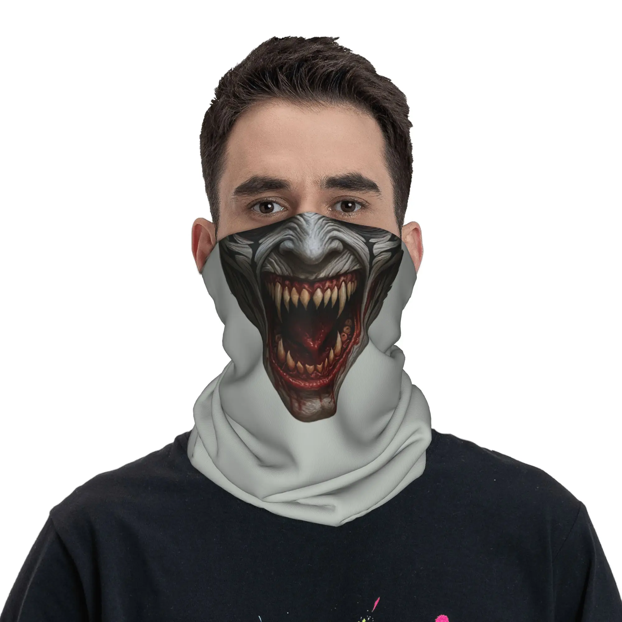 

Demon Face With Red Eyes And Sharp Teeth Bandana Neck Gaiter for Hiking Cycling Wrap Scarf Headband Warmer Face Scarf Cover