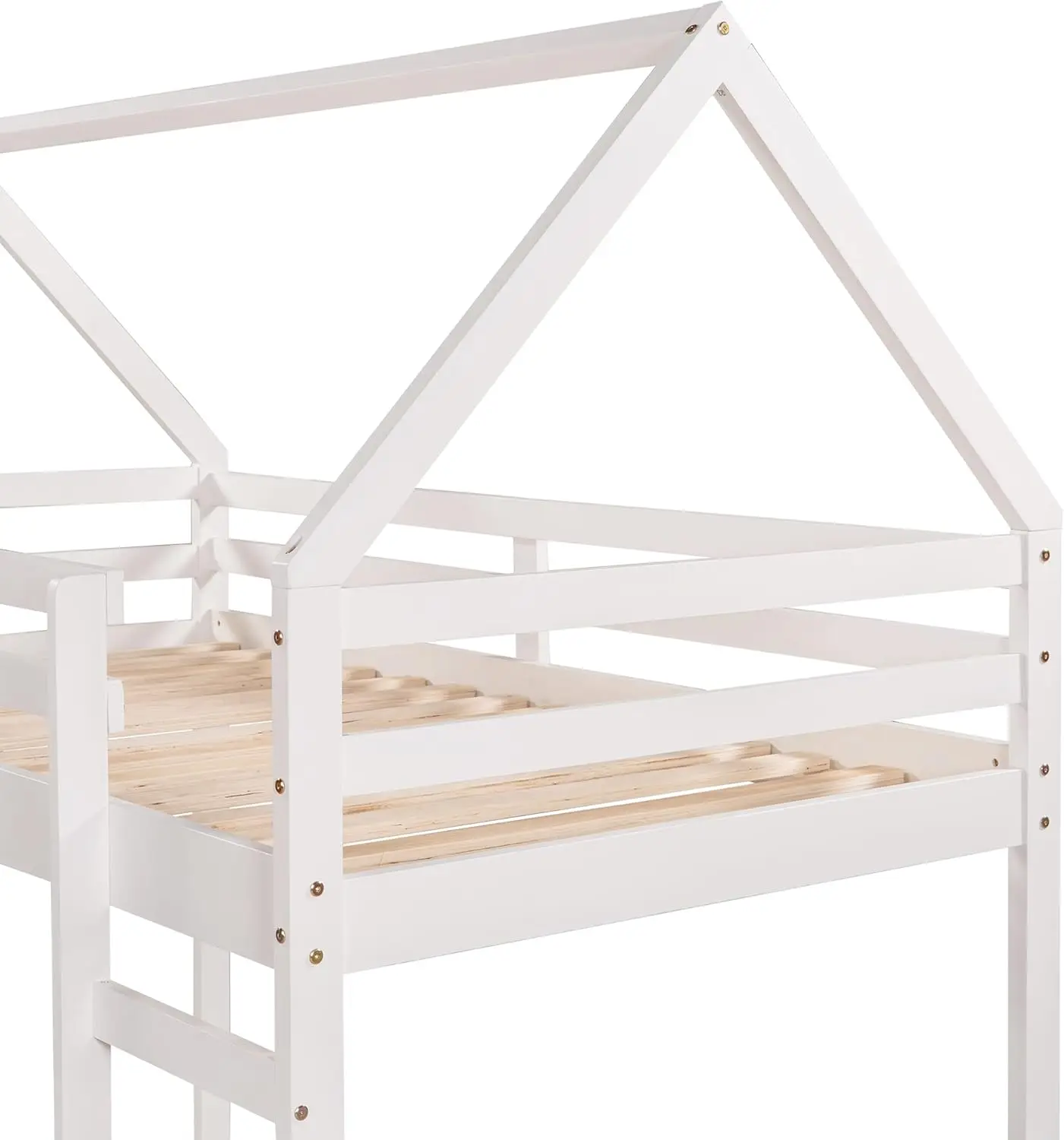 Lostcat Twin Loft Bed With Slide, House Loft Bed With Slide, Rama łóżka dziecięcego z litego drewna sosnowego z poręczą bezpieczeństwa i drabiną, bez pudełka