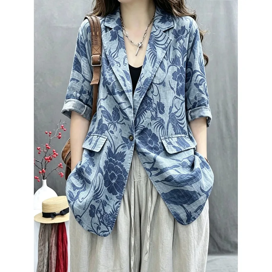 Loose Cotton Linen Women's Shirt Jacket plus Size Spring Summer New Style Printed Retro Suit Top Buttoned Long Sleeve Commute...