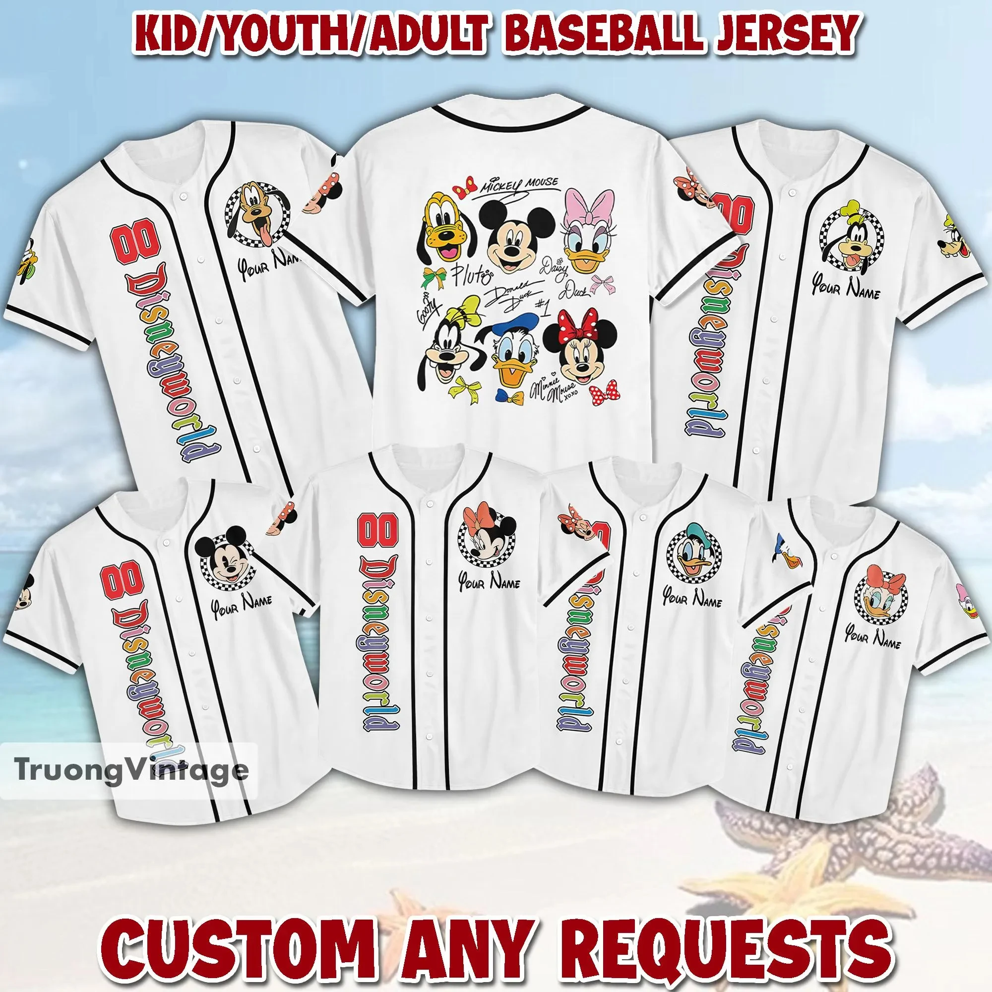 

Customize Name Number Fun Mickey Friends Series Baseball Jerseys Summer Casual Button Shirts For Children Adults Birthday Gifts