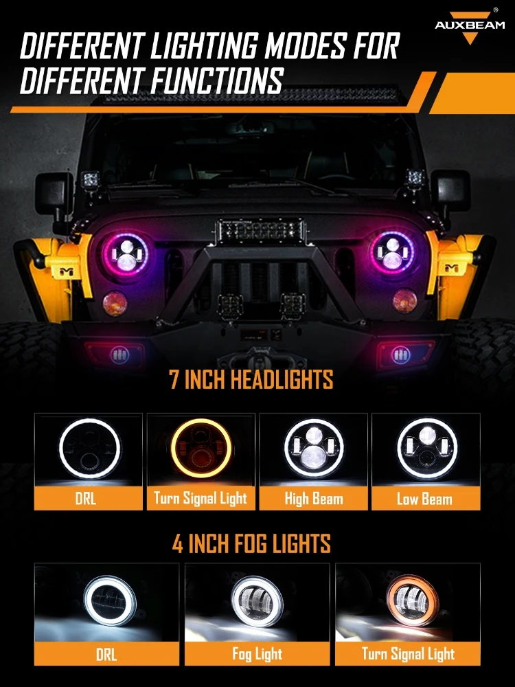 7 inch LED Headlights 4 inch Fog Lights RGB Multi-Colors blueteeth Phone App Control DRL Music Mode for Jeep Wrangler JK TJ LJ