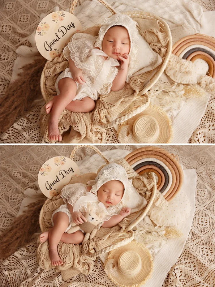 Newborn Photography Props Nordic Style Theme Knitted Hollow Jumpsuits Crochet Flower Hat Doll Rainbow Baby Photo Shooting Props
