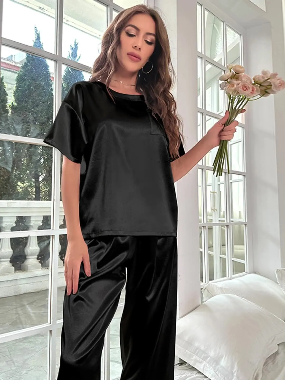 

Faionable Home Wear Set ort Sve irt And Long Pants round Ne Pure Color Comfortable Breathable Summer Home Clothes