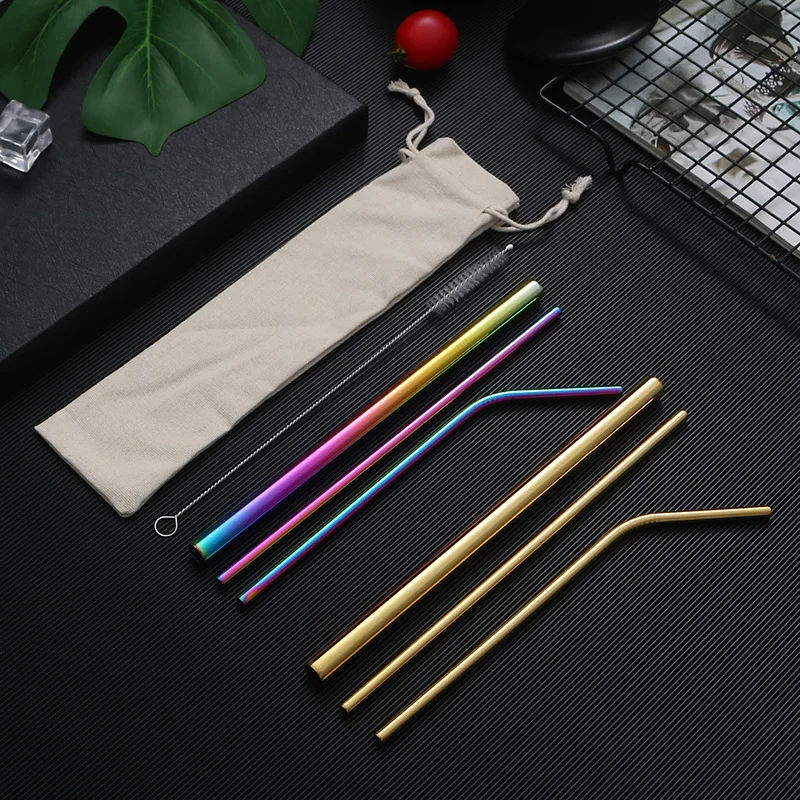 Regenbogenfarbenes Wiederverwendbares Metall-Strohhalm-Set mit Reinigungsbürste 304 Edelstahl Trinkhalme Milch-Trinkzubehör Bar-Party-Accessoire