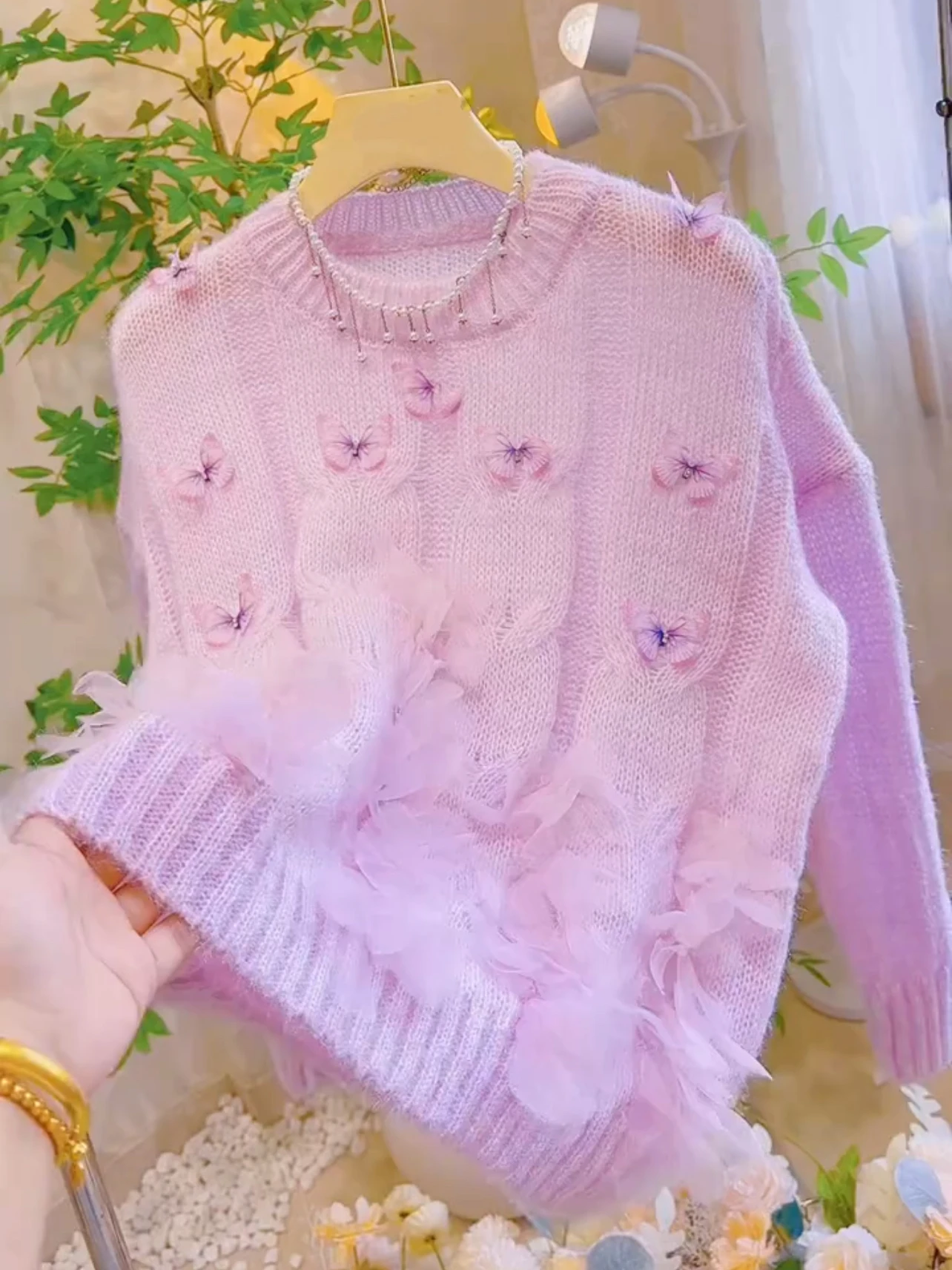 Doux Anti-âge 3D fleur perlée noeud pull femmes printemps automne ample minceur doux haut tricoté