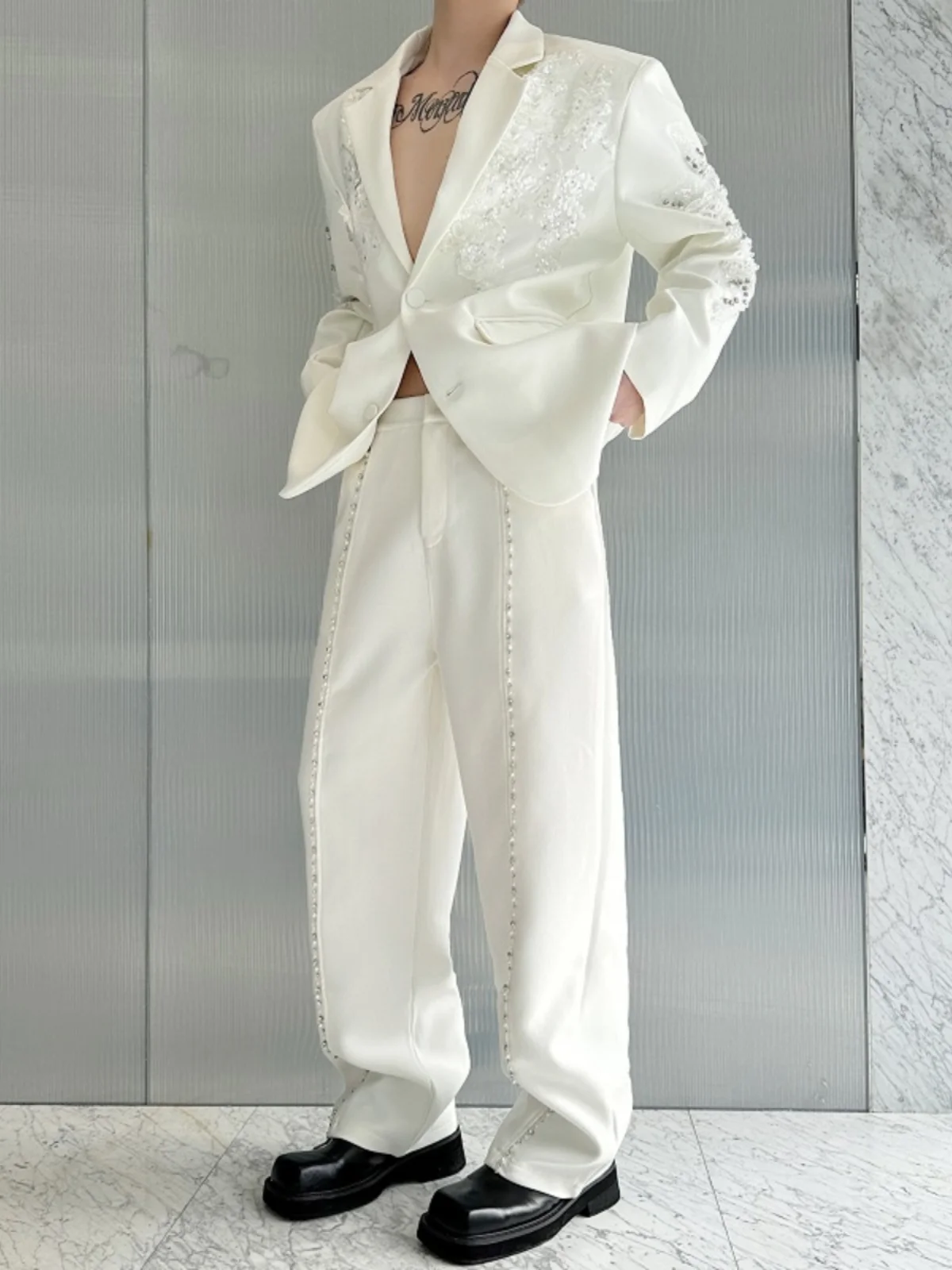 

Original Crtsmanip Wide Leg Straight Cut Pants Luxury Casual Versatile Men's Faion Pearl Rhinestone Trendy Trousers