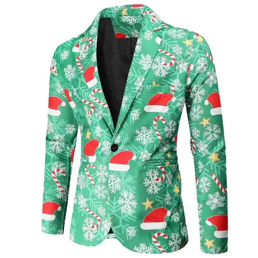 Three Pieces Christmas Suits Men Long Sleeve Blazers Winter Santa Claus Snowflake Printed Men\'s Funny Blazers Jacket+Vest+Pants