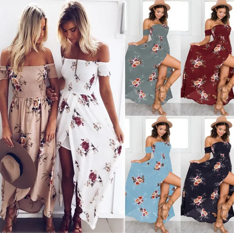 

Boho style long dress women Off shoulder beach summer dresses Floral print Vintage chiffon white maxi dress vestidos de festa