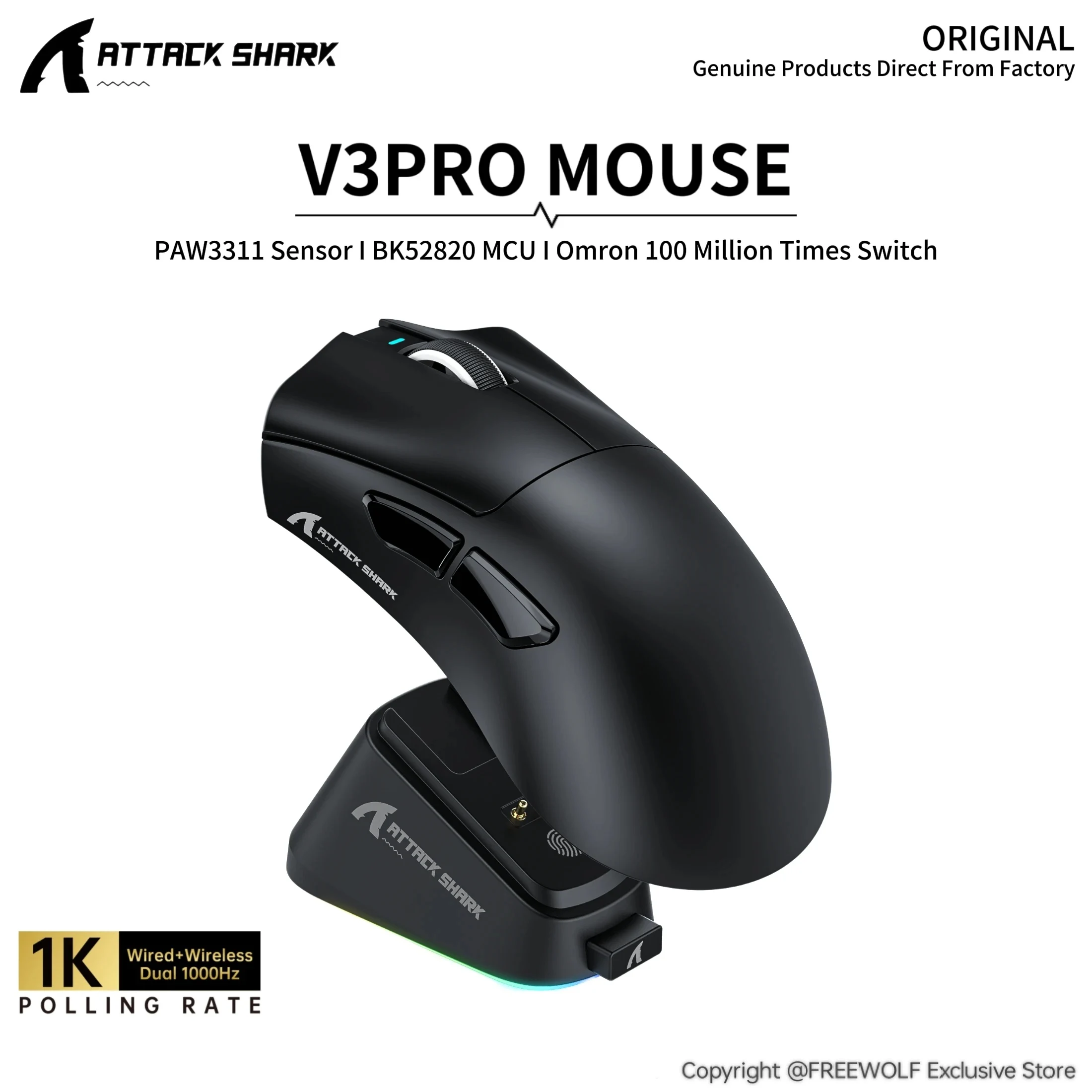 Attack Shark V3Pro Gaming Mouse,25000DPI,Wired/Wireless 1K Hz,BK52820 MCU,Omron 100 Million Times Switch,Web Cloub-Driven