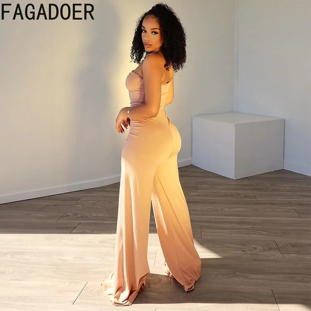 FAGADOER Apricot Elegant Lady Hollow Sleeveless Straight Jumpsuits Women Off Shoulder Backless Playsuit Female One Piece Overall