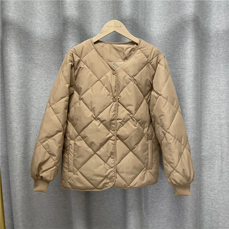 2022 Women Autumn Winter Short Thin Single-breasted Padded Solid Color Jacket O-Neck Lingge Casual White Duck Down Coat