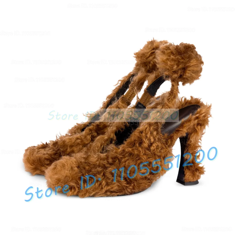 Brown Faux Wool Slingback High Heels Sandals Women Elegant Round Toe Party Fluff Ball Detail Sandals Retro Big Size Custom Shoes