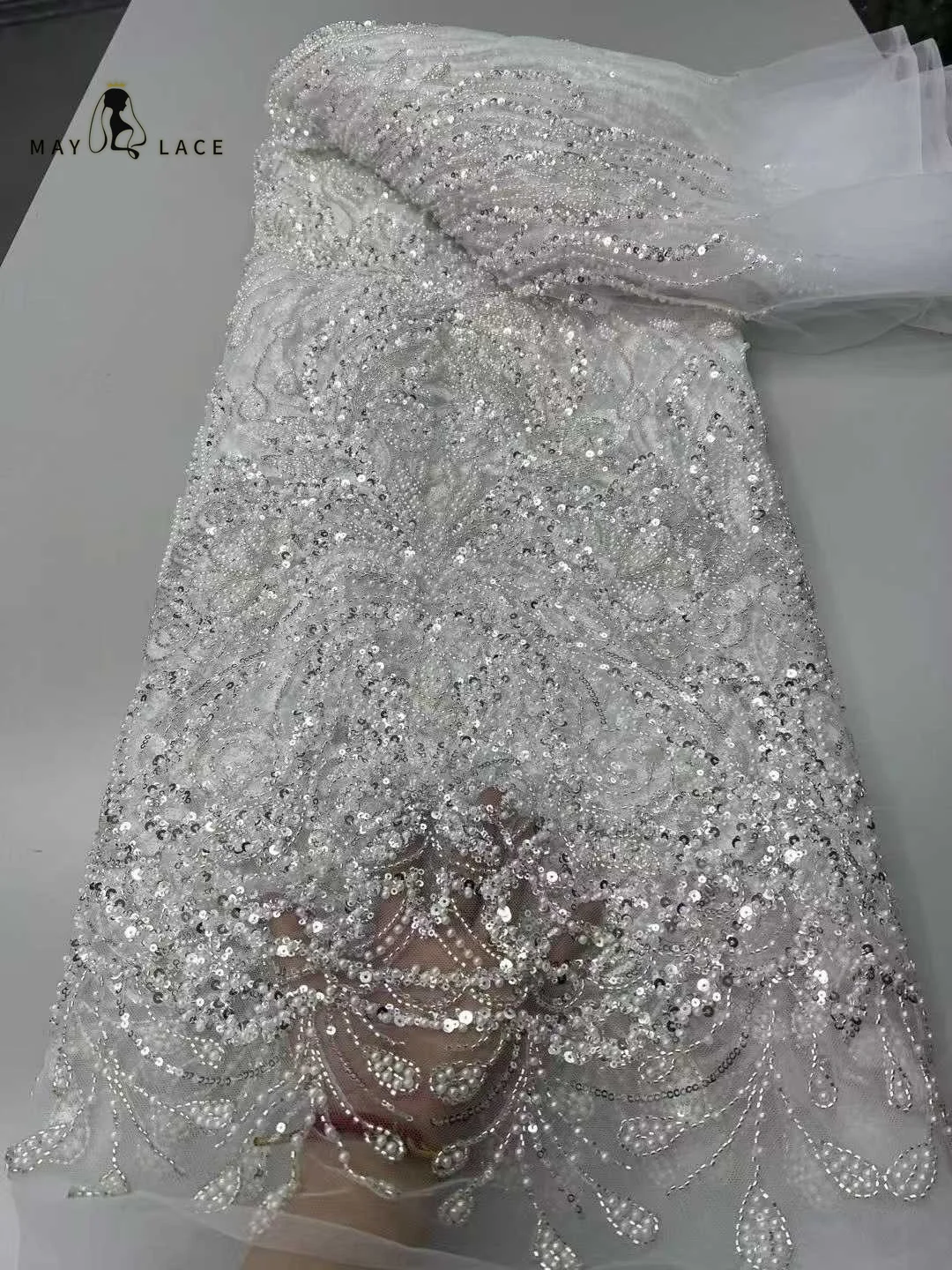 

White Luxury African Nigerian Beaded Embroidery Lace 2026 High Quality French Sequins Fabric For Women's Wedding Party Dresses