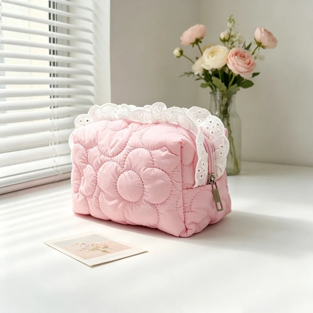 Large Capacity Cosmetic Bag Lace Ruffle Multifunctional Makeup Organizer Pouch Quilted Plaid Heart Pattern Skincare Storage Bag