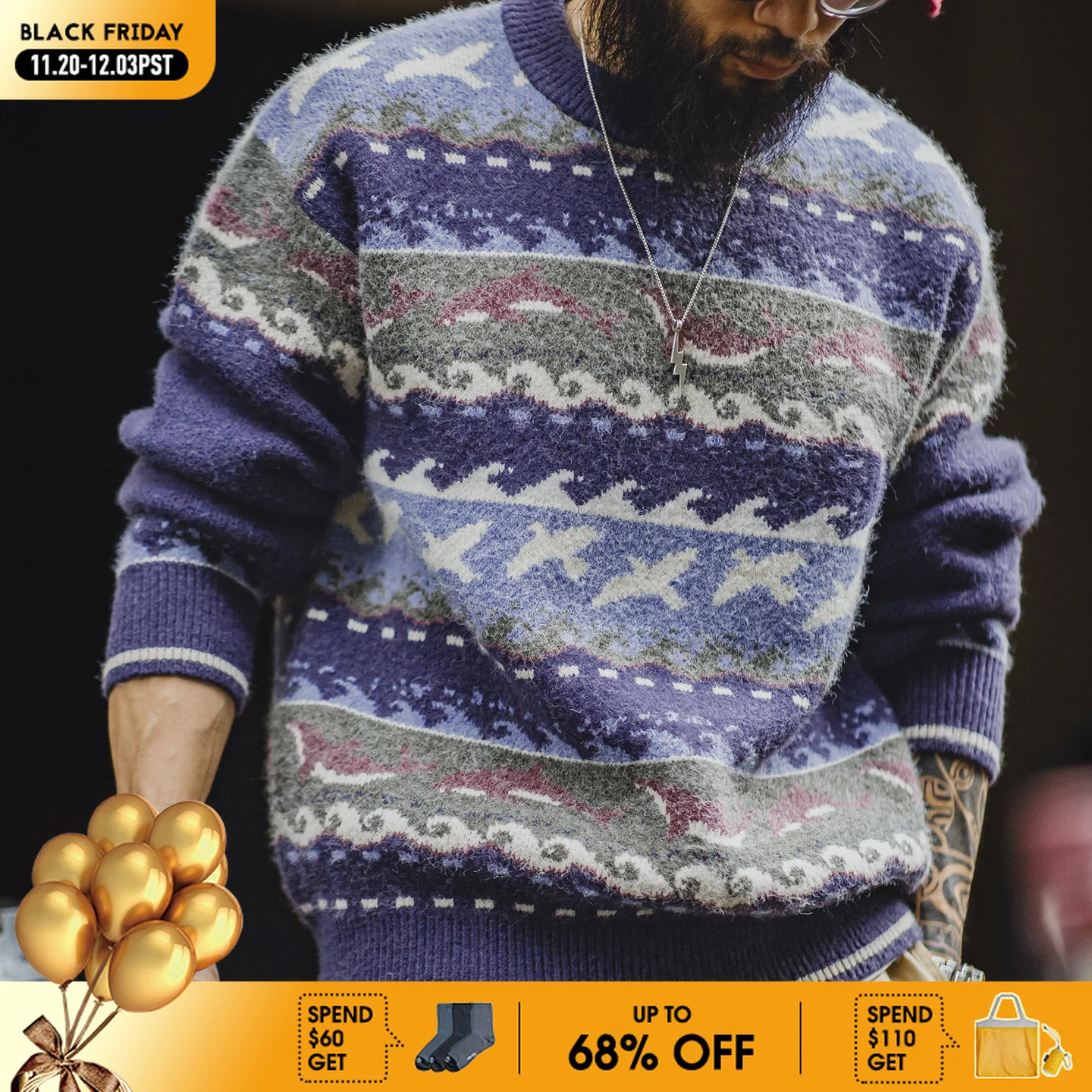 

Винтажный мужской свитер Maden Fair Isle с круглым вырезом, свободный крой, пуловер, мягкий термотрикотаж, топы на осень-зиму, универсальный